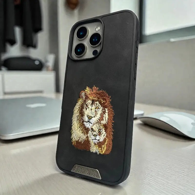 Royal Lion Black Embroidered back case- iphone 16 pro max