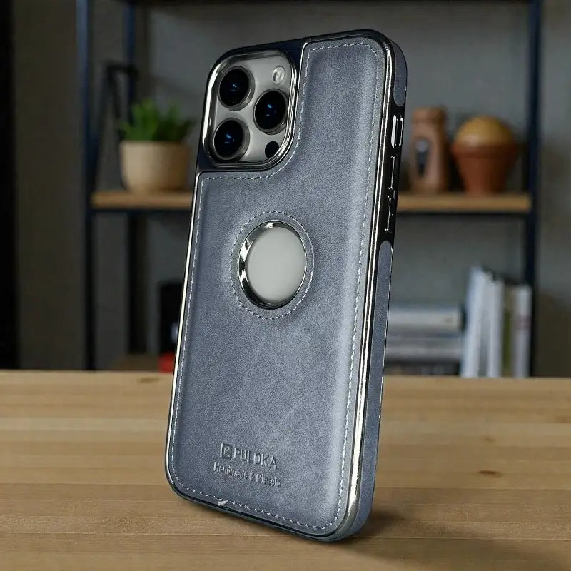 Blue Leather logo Cutout Case - iphone 15 pro max cases