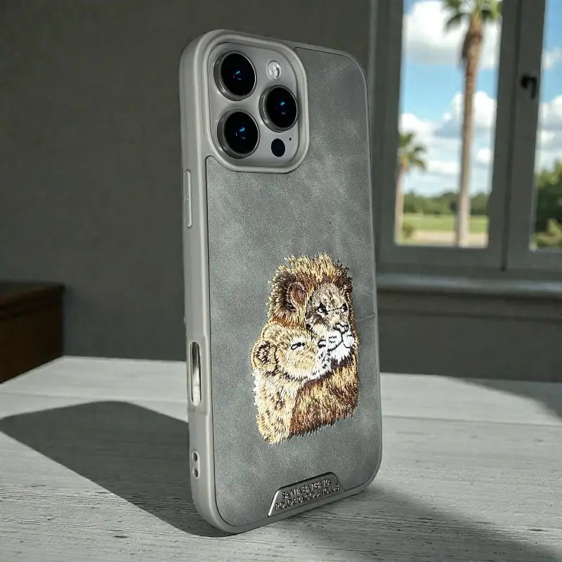 Royal Lion Grey Embroidered back case - iphone 16 pro max