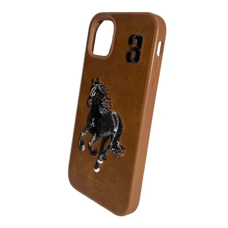 Tan Leather iPhone 11 Case with Running Horse Embroidery