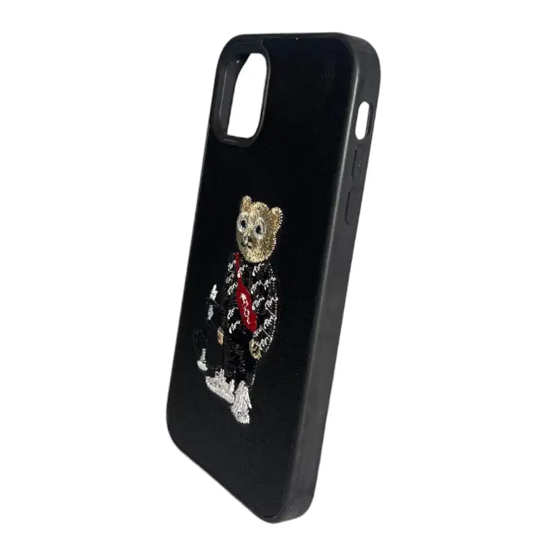 Black Leather iPhone 11 Case with Bear and Hookah Design