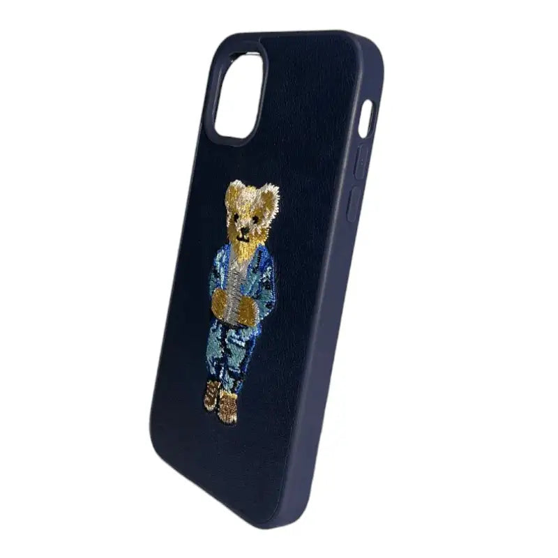 Navy Blue Leather iPhone 11 Case with Bear in Suit Design
