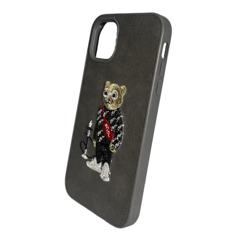 Grey Leather iPhone 11 Case with Embroidered Bear Hookah