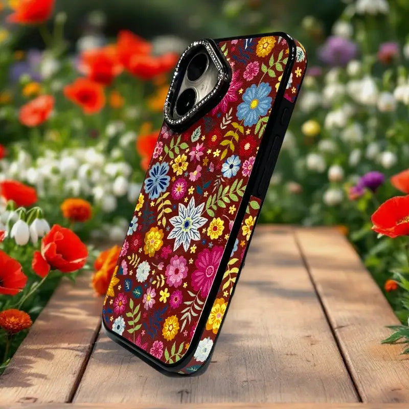 Floral Glitter Grip Case for iPhone 16 – Elegant Dark Reddish with Multicolor Flowers