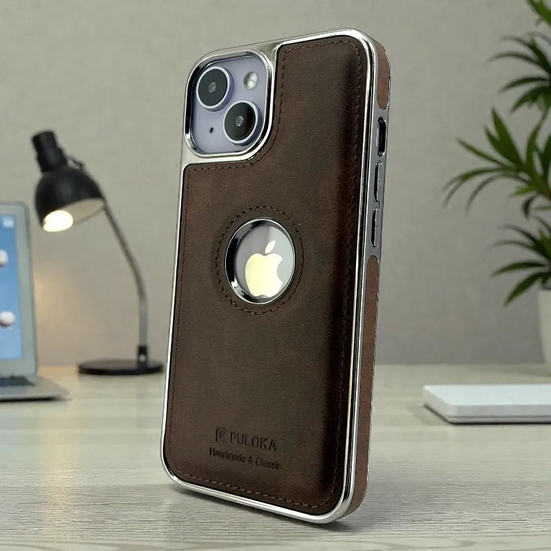 Brown Leather logo Cutout Case - iphone 14 cases