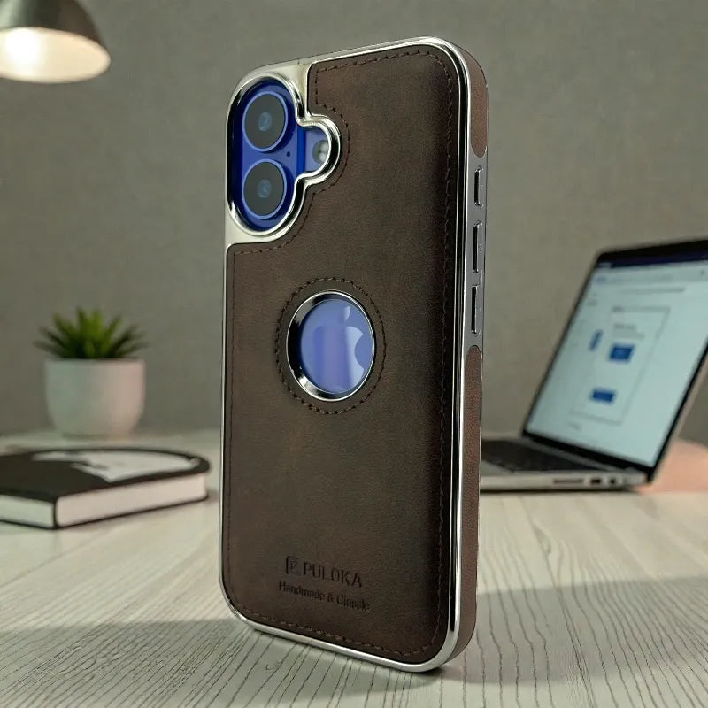 Brown Leather logo Cutout Case - iphone 16 cases