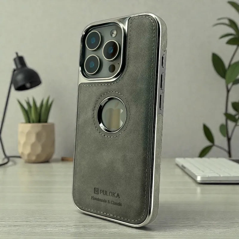 Grey Leather logo Cutout Case - iphone 17 pro max cases