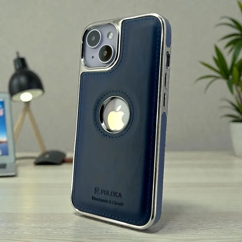 Dark Blue Leather logo Cutout Case - iphone 14 cases