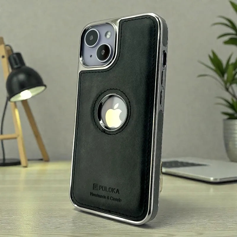 Black Leather logo Cutout Case - iphone 15 cases