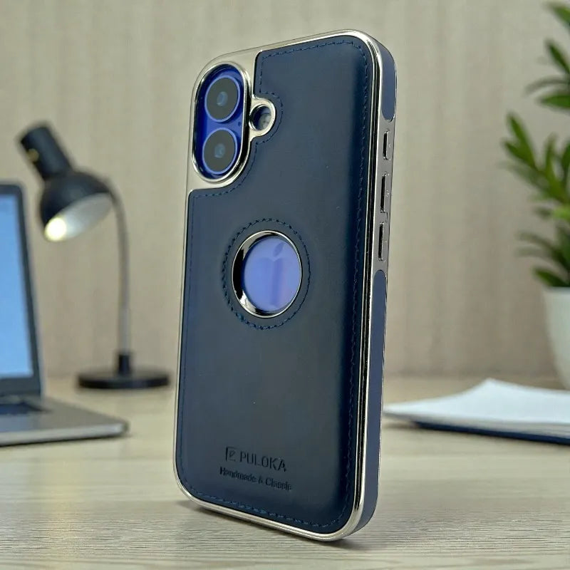 Dark Blue Leather logo Cutout Case - iphone 17 cases