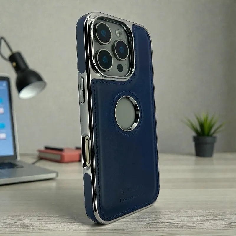 Dark Blue Leather logo Cutout Case - iphone 16 pro max cases
