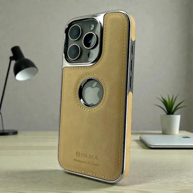 Desert Gold Leather logo Cutout Case - iphone 16 pro cases
