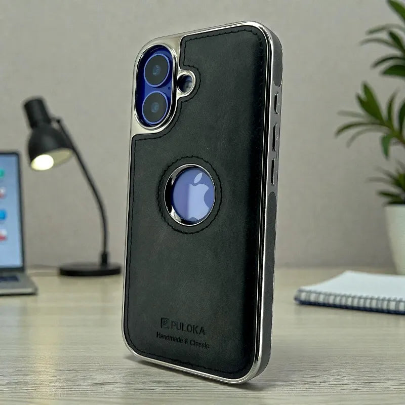 Black Leather logo Cutout Case - iphone 16 cases