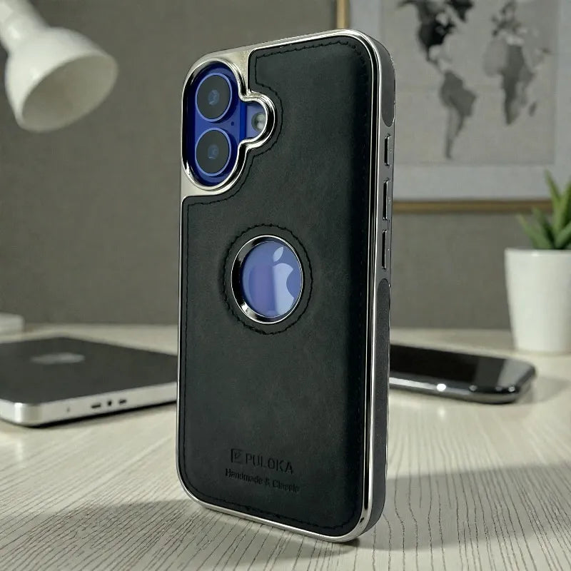 Black Leather logo Cutout Case - iphone 17 cases