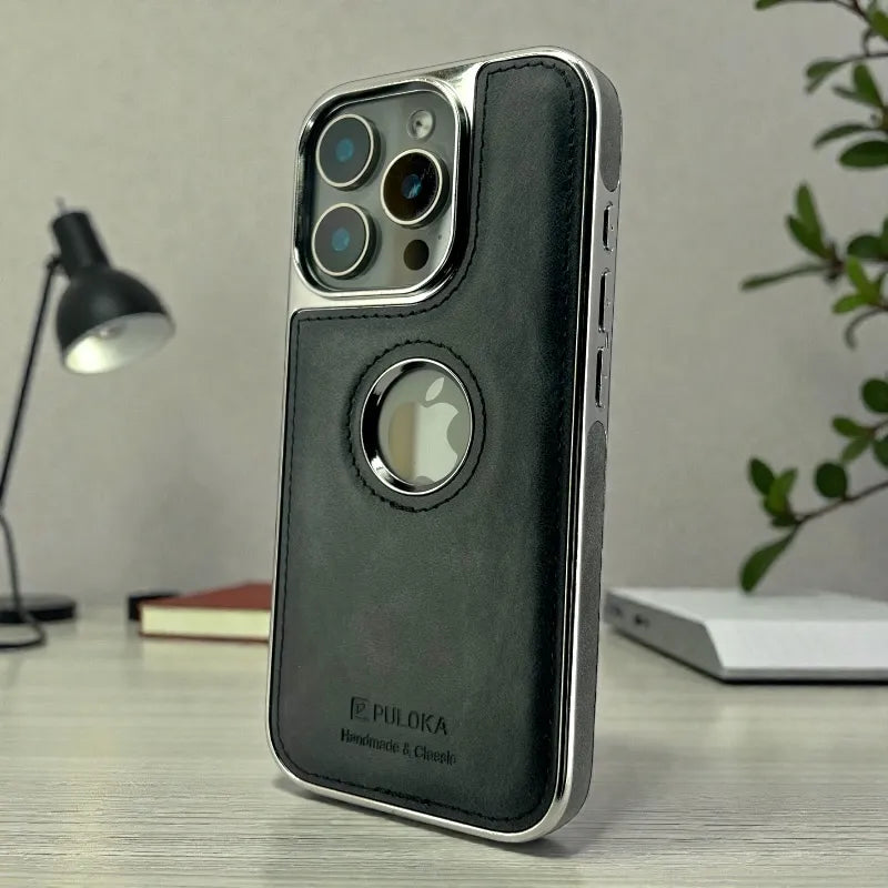 Black Leather logo Cutout Case - iphone 16 pro max cases