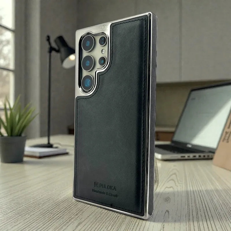 Black Leather logo Cutout Case - samsung s24 ultra cases