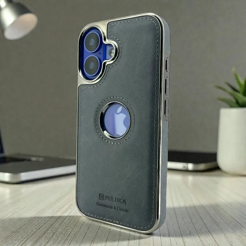 Blue Leather logo Cutout Case - iphone 16 cases
