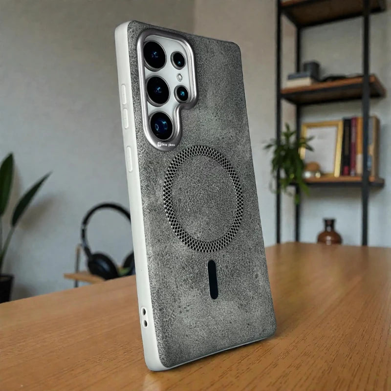 Grey Textured Magnetic Ring Leather Case