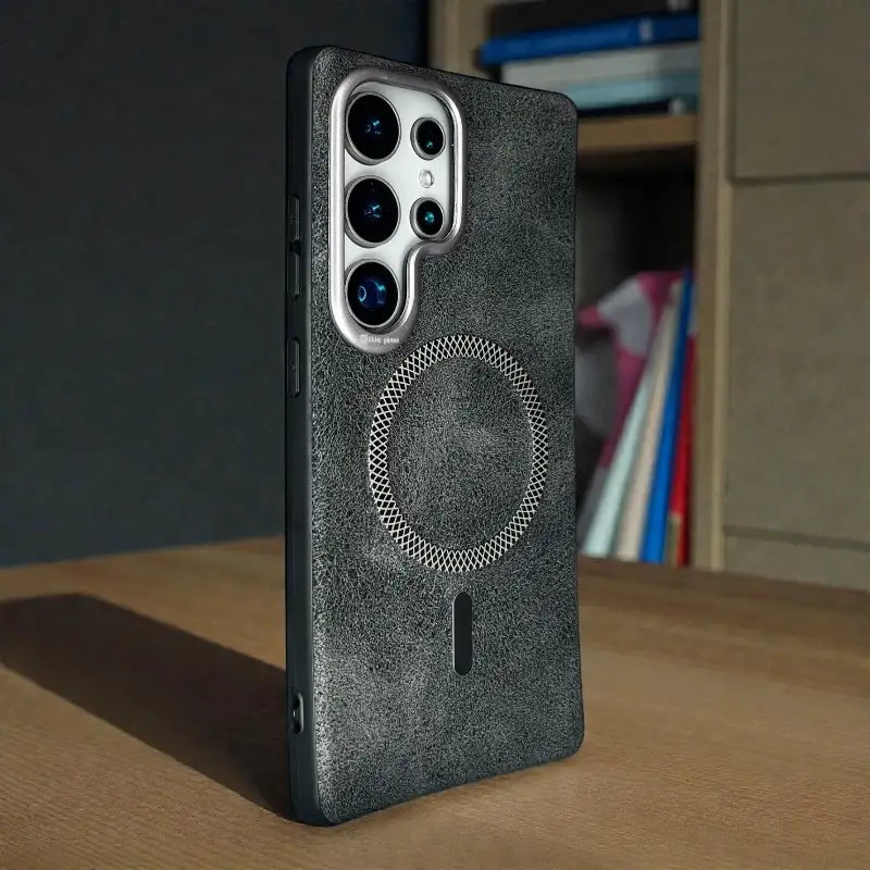 Black Textured Magnetic Ring Leather Case