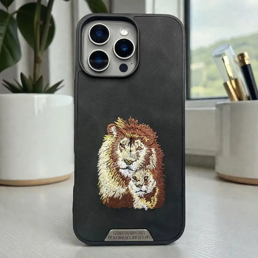 Royal Lion Black Embroidered back case- iphone 16 pro max
