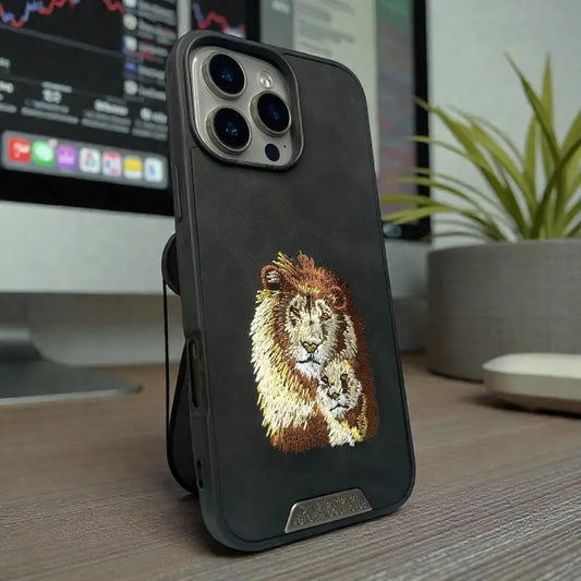 Royal Lion Black Embroidered back case- iphone 16 pro max