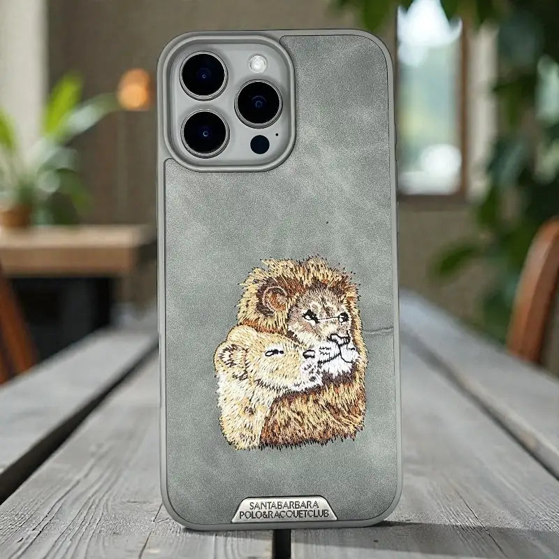 Royal Lion Grey Embroidered back case - iphone 16 pro max