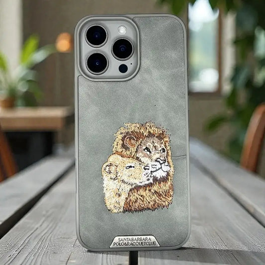 Royal Lion Grey Embroidered back case - iphone 16 pro max