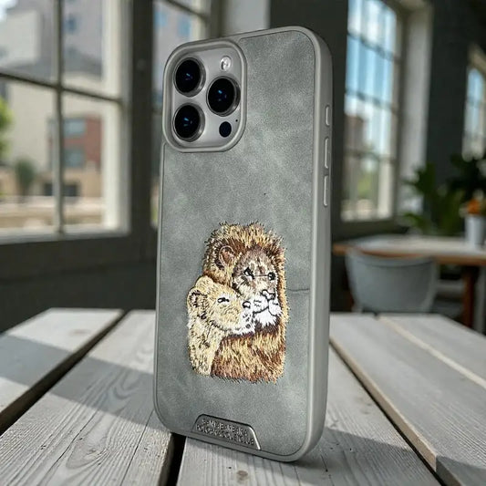 Royal Lion Grey Embroidered back case - iphone 16 pro max