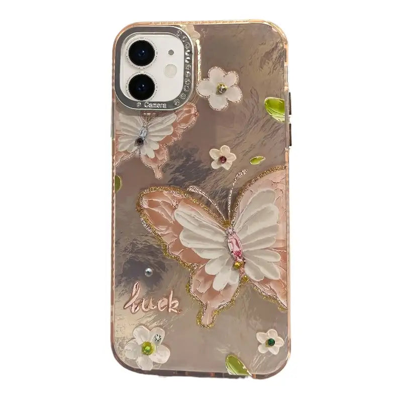 Beige Butterfly iPhone 11 Case with Floral Rhinestone Art