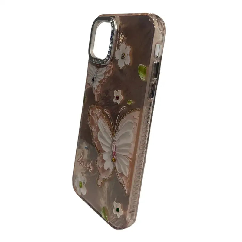 Beige Butterfly iPhone 11 Case with Floral Rhinestone Art
