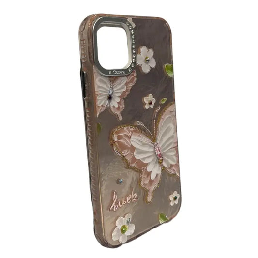 Beige Butterfly iPhone 11 Case with Floral Rhinestone Art