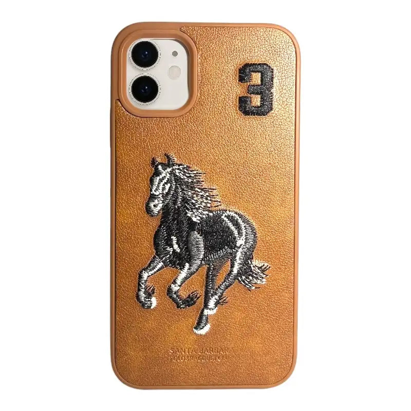Tan Leather iPhone 11 Case with Running Horse Embroidery