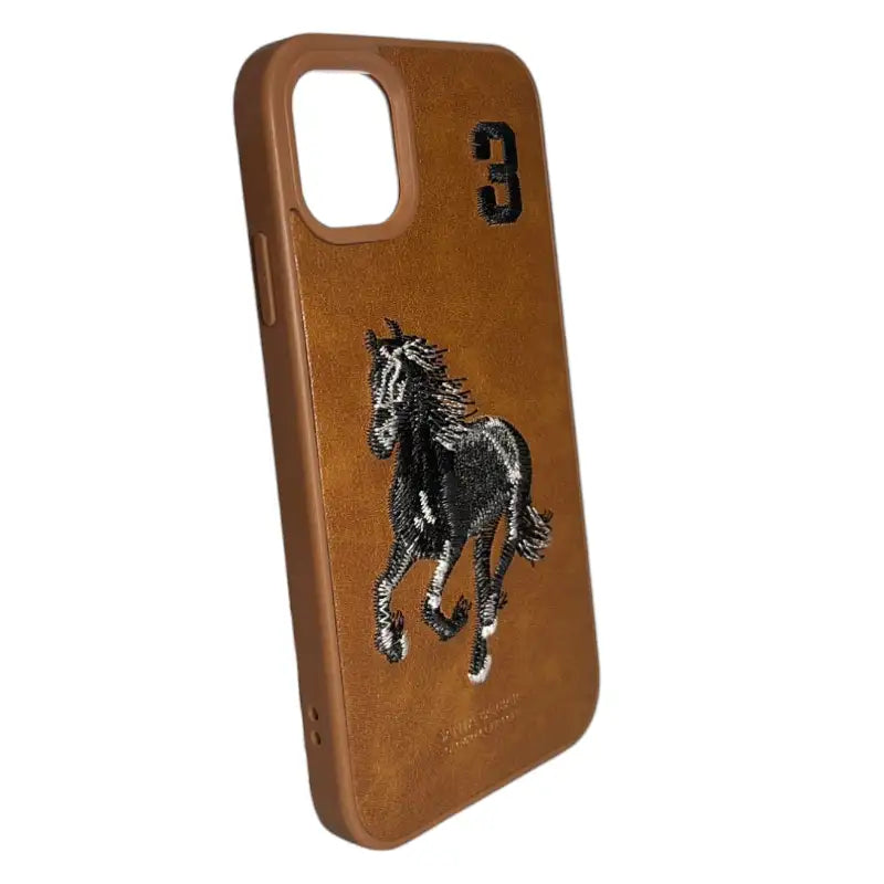 Tan Leather iPhone 11 Case with Running Horse Embroidery