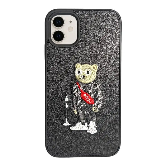 Black Leather iPhone 11 Case with Bear and Hookah Design