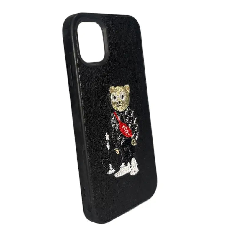 Black Leather iPhone 11 Case with Bear and Hookah Design