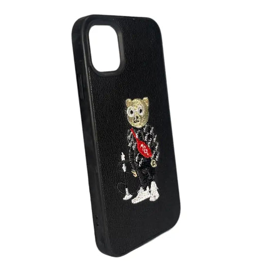 Black Leather iPhone 11 Case with Bear and Hookah Design