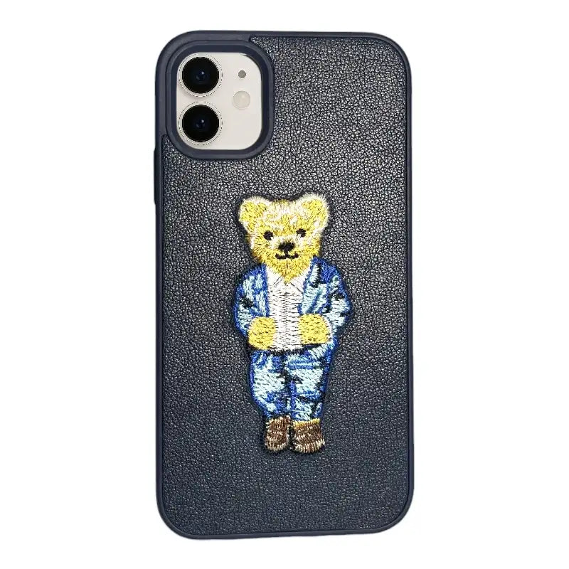 Navy Blue Leather iPhone 11 Case with Bear in Suit Design