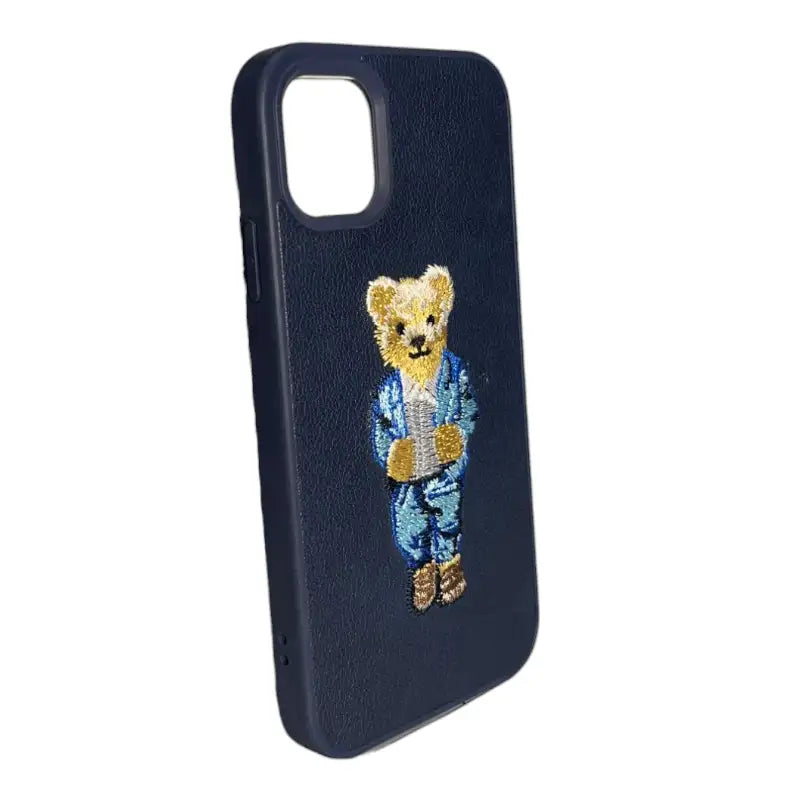 Navy Blue Leather iPhone 11 Case with Bear in Suit Design