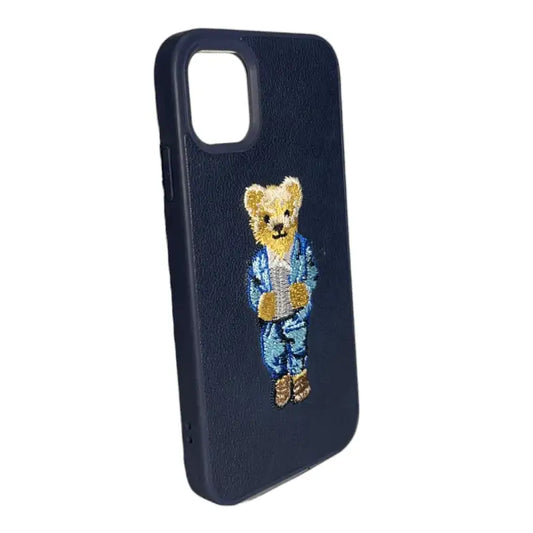 Navy Blue Leather iPhone 11 Case with Bear in Suit Design