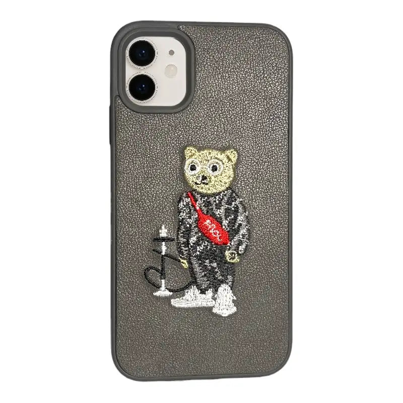 Grey Leather iPhone 11 Case with Embroidered Bear Hookah