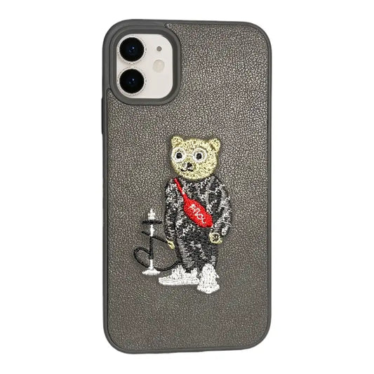 Grey Leather iPhone 11 Case with Embroidered Bear Hookah