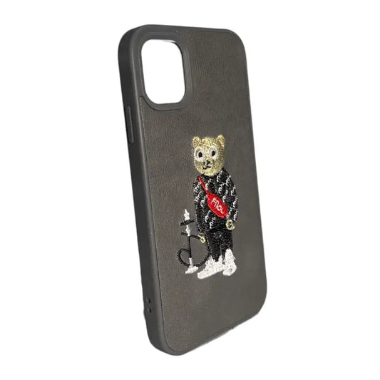 Grey Leather iPhone 11 Case with Embroidered Bear Hookah