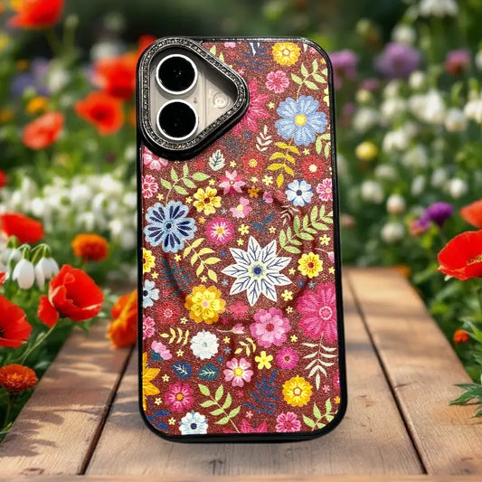 Floral Glitter Grip Case for iPhone 16 – Elegant Dark Reddish with Multicolor Flowers