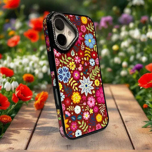 Floral Glitter Grip Case for iPhone 16 – Elegant Dark Reddish with Multicolor Flowers
