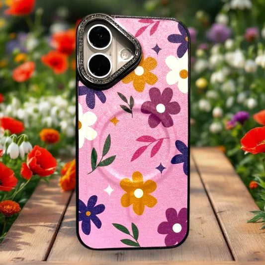 Floral Glitter Macsafe Case for iPhone 16 – Elegant Pink with Multicolor Flowers