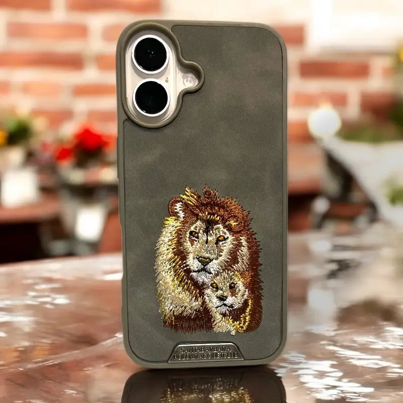 Regal Lion Family Embroidered Leather Case – iPhone 16