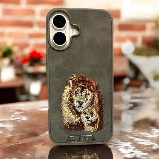 Regal Lion Family Embroidered Leather Case – iPhone 16