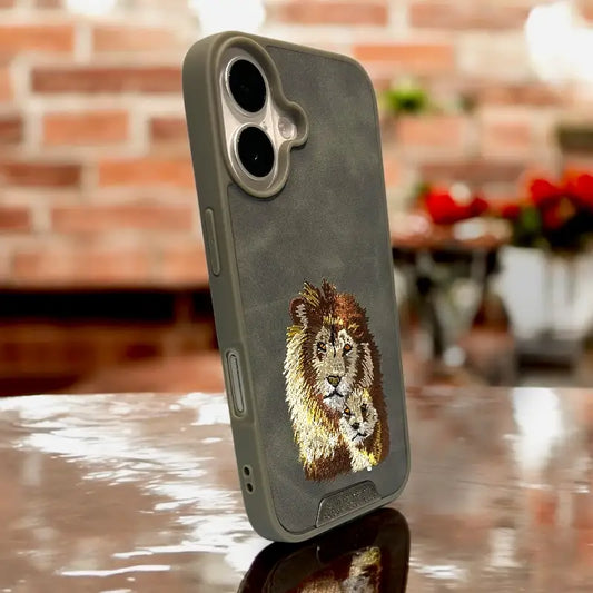 Regal Lion Family Embroidered Leather Case – iPhone 16
