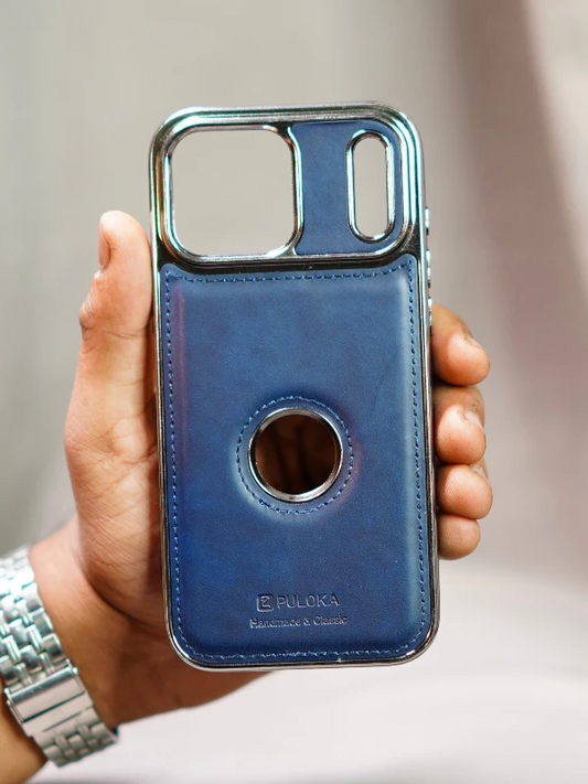 Dark Blue Leather Logo Cutout Case - iphone 17 pro