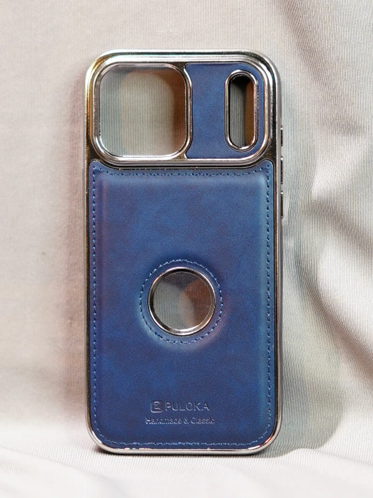 Dark Blue Leather Logo Cutout Case - iphone 17 pro